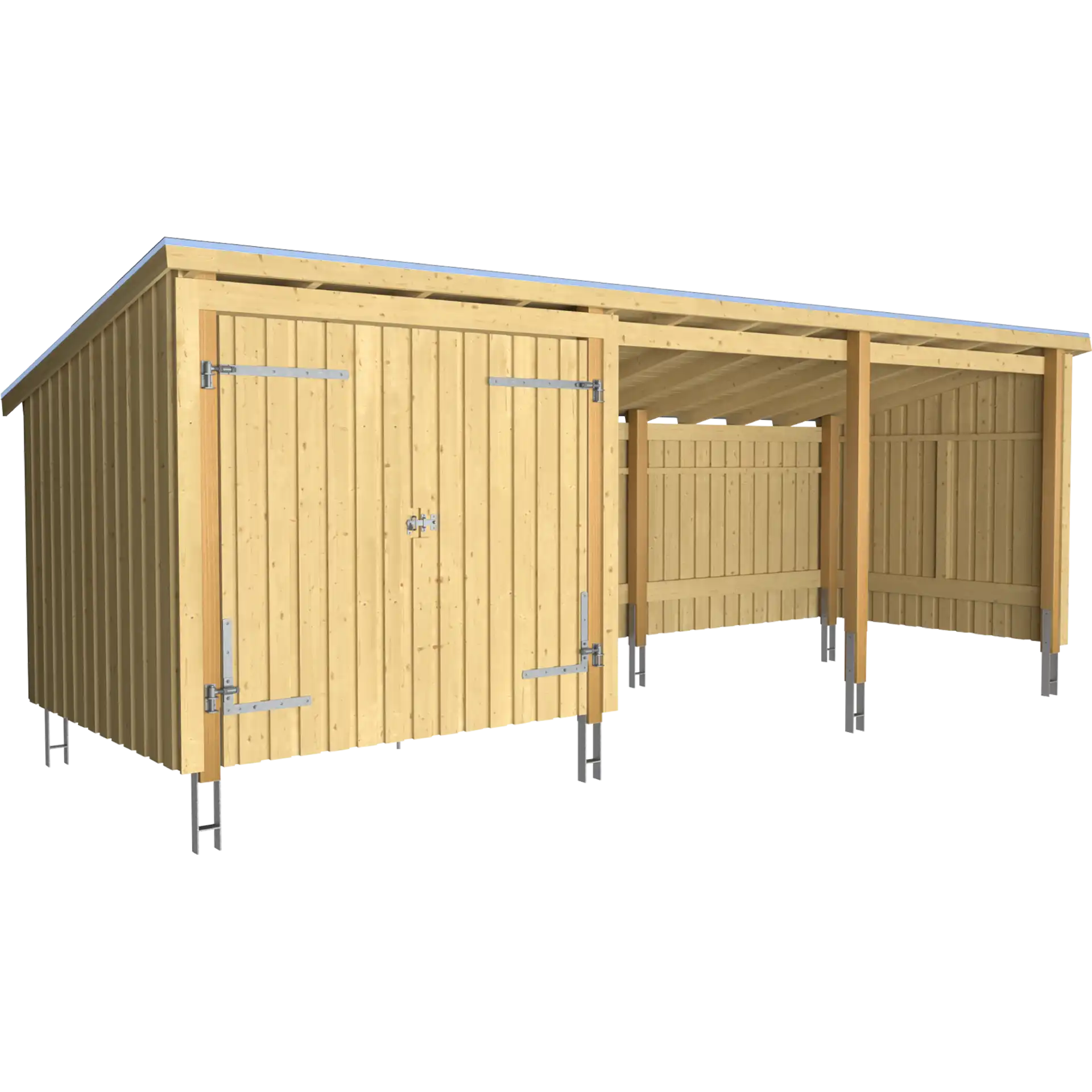 Plus Nordic Multi Havehus 14 m² - 3 moduler m/dobbeltdør og åben front - inkl. tagpap/alulister/stolpefødder