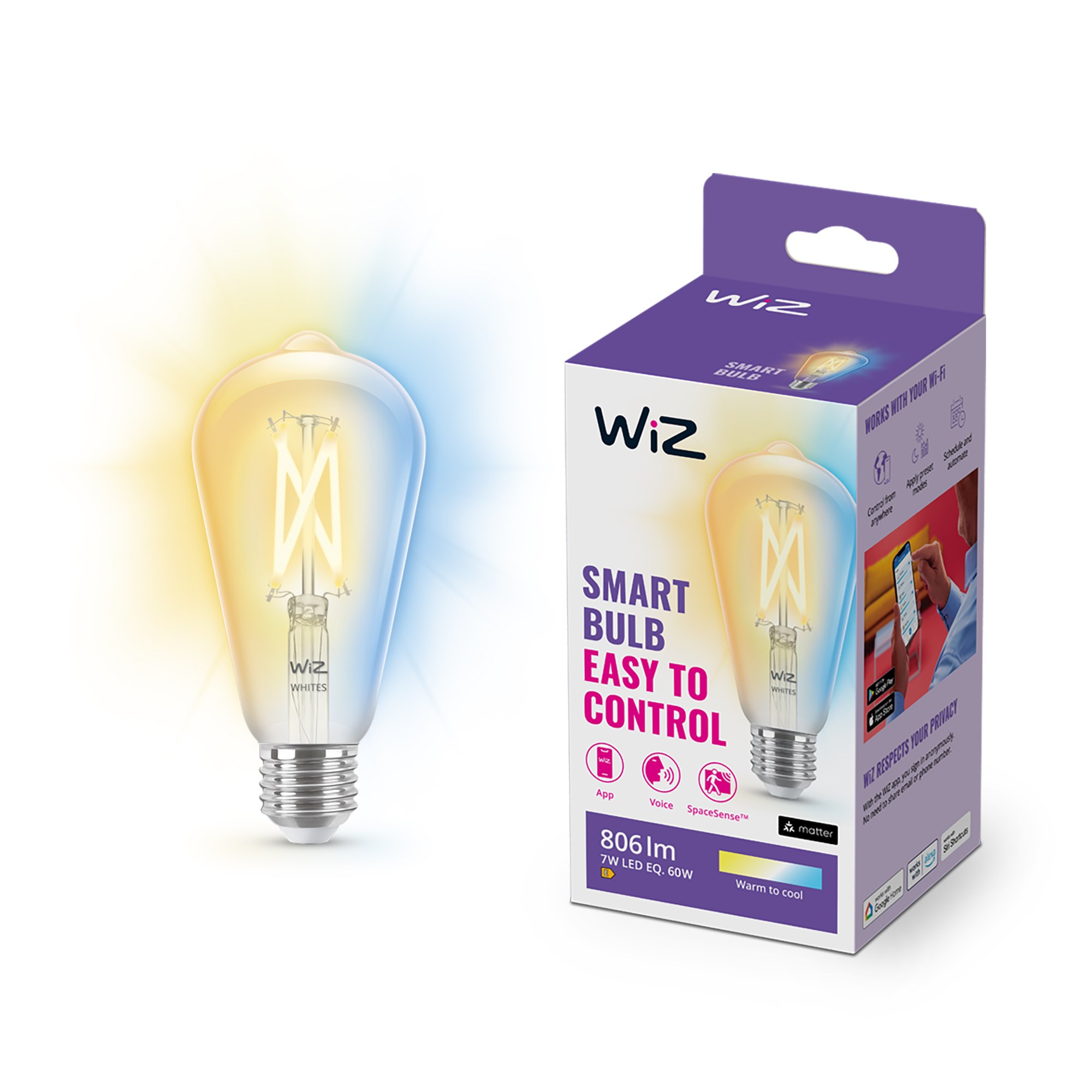 WiZ E27 ST64 Tunable White Smart LED Wi-Fi filament pære klar