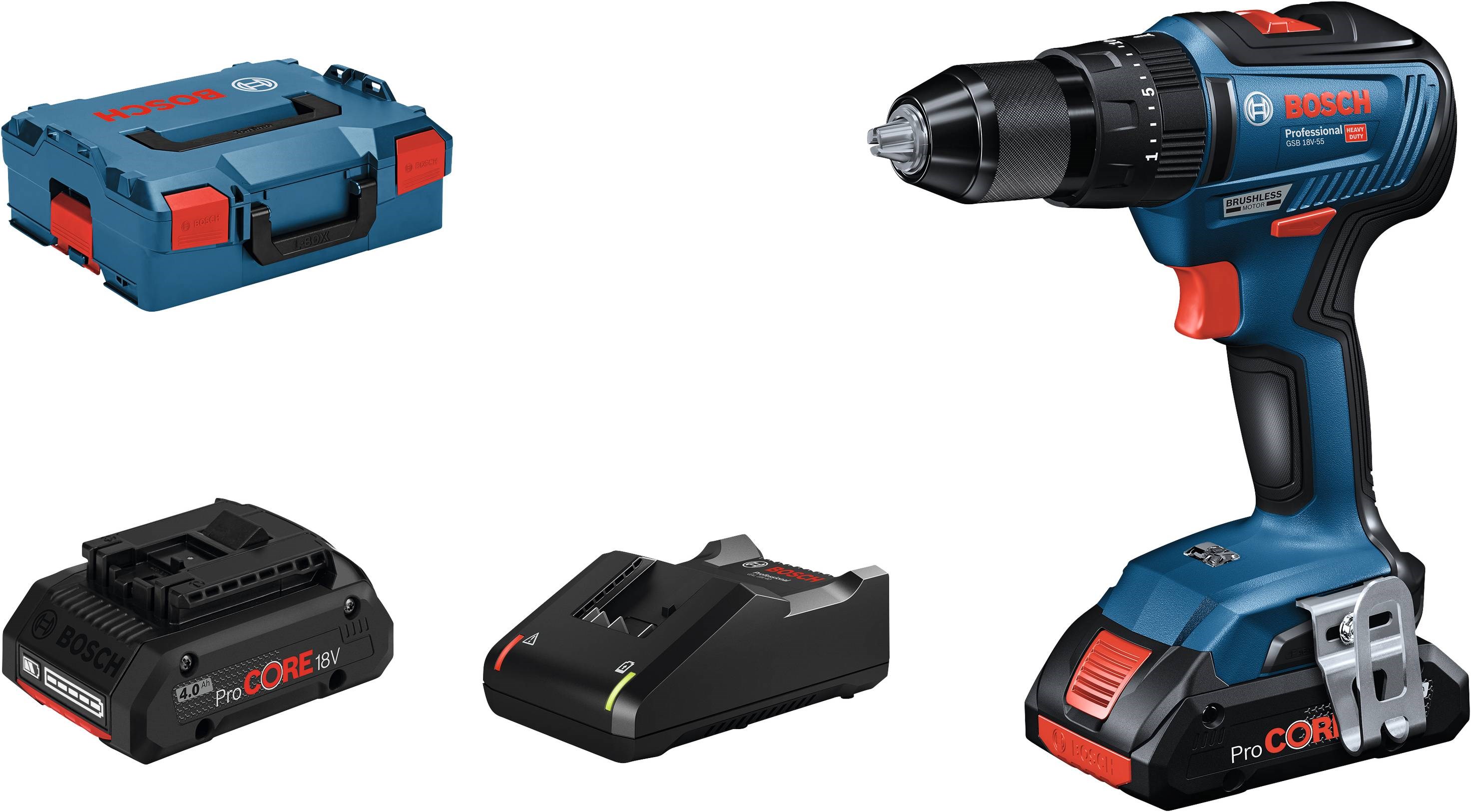 Bosch GSB 18V-55 Slagbore-/skruemaskine med 2 stk. 4,0Ah ProCore batteri, lader og L-BOXX