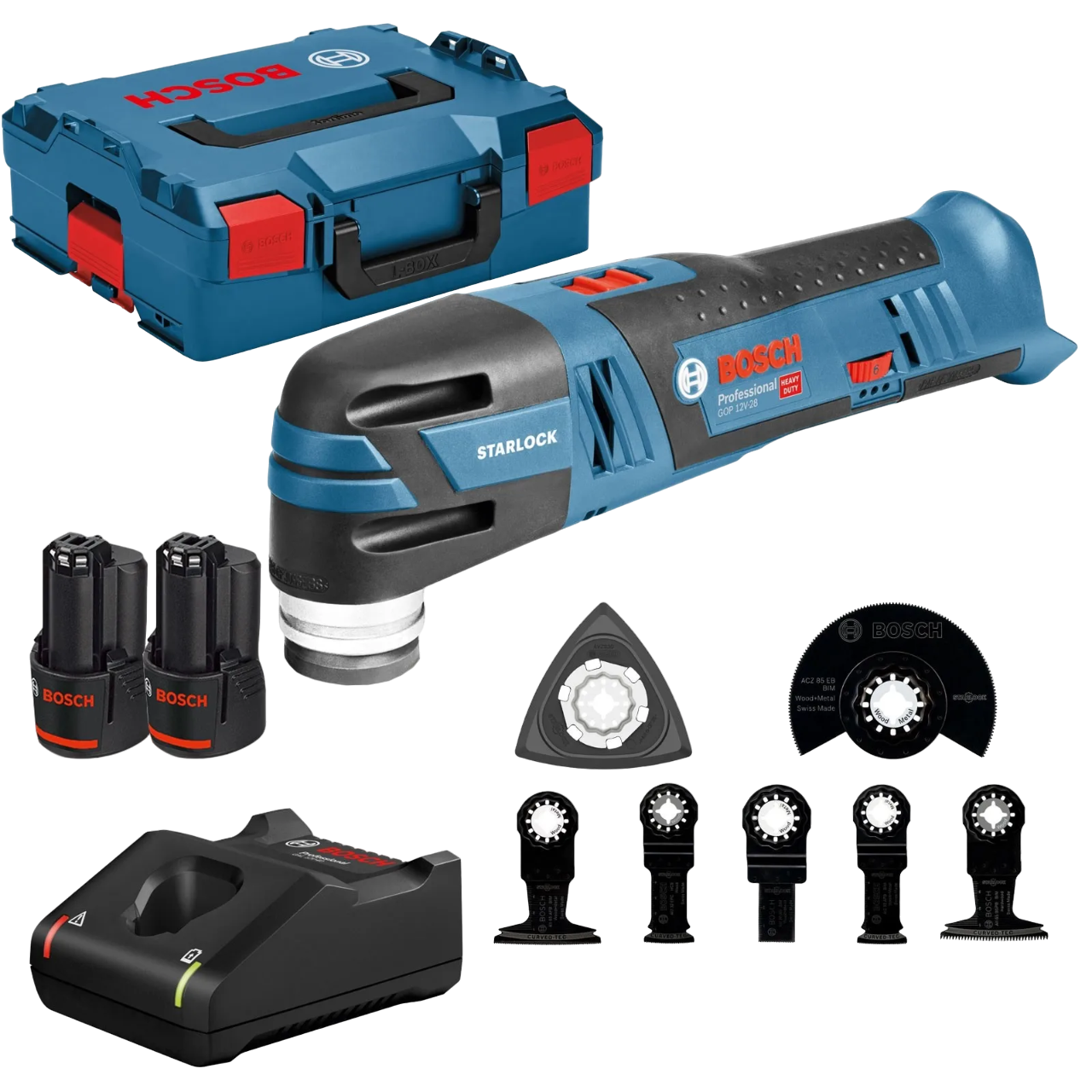 Bosch Professional GOP 12V-28 Multicutter med 2 stk. 3,0Ah batteri, lader og L-BOXX