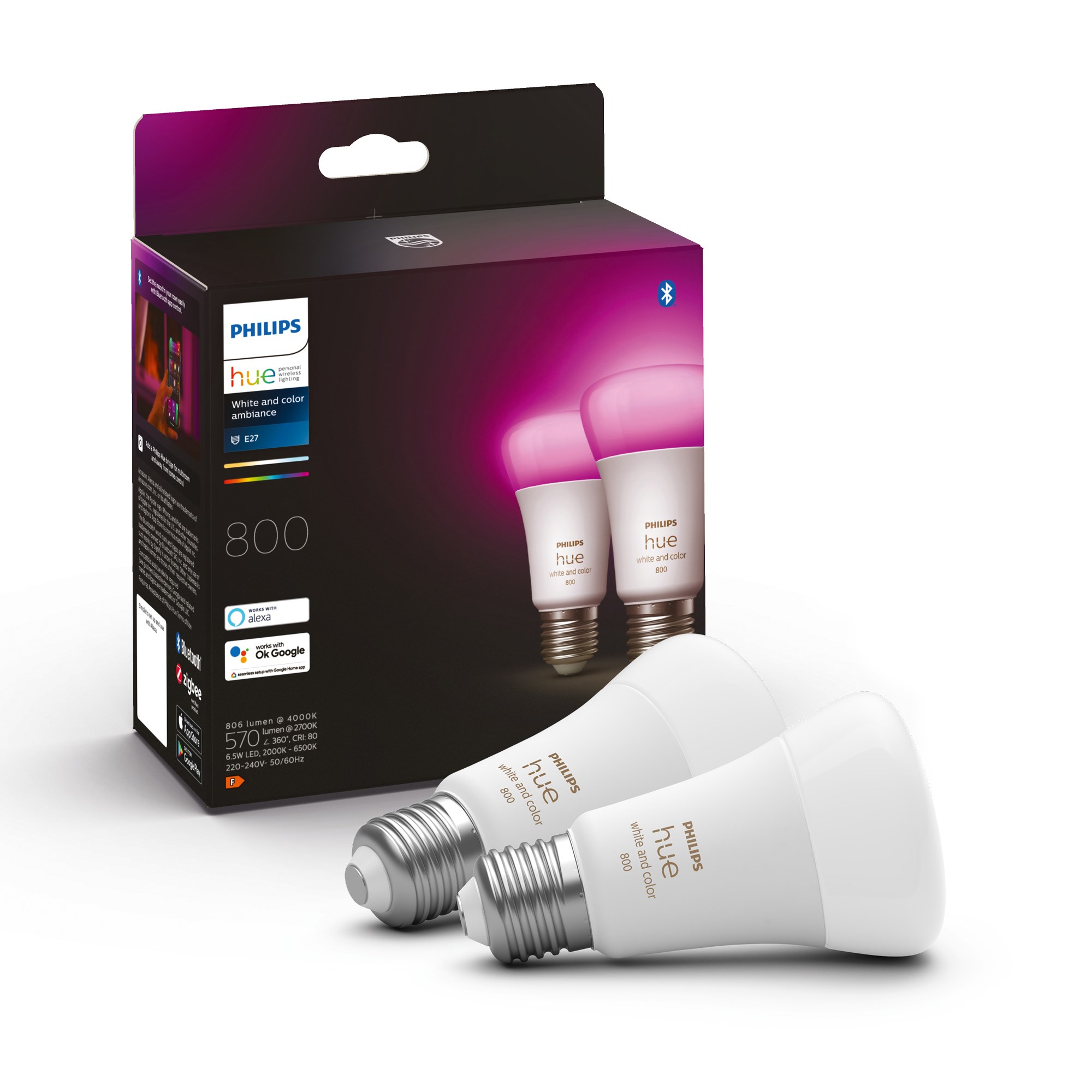 Philips Hue E27 BT White and Color Ambiance 800 lm pære 2-pak