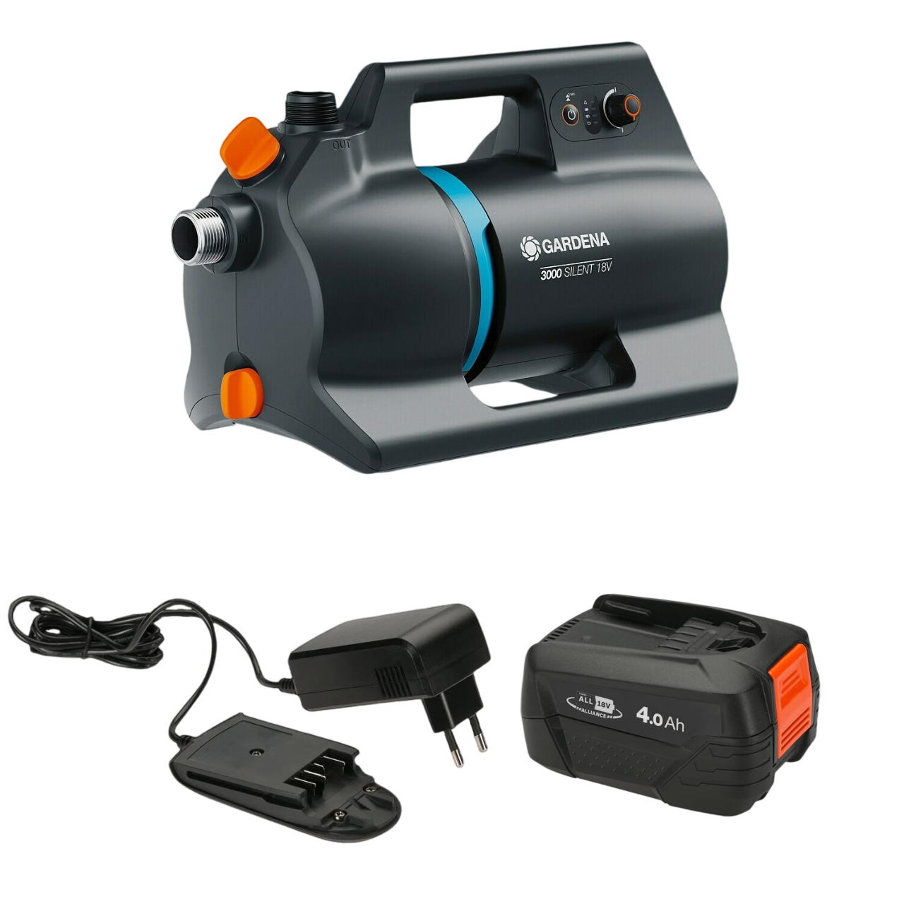 Gardena 18V 3000 Silent Trykpumpe med 4,0Ah batteri og lader
