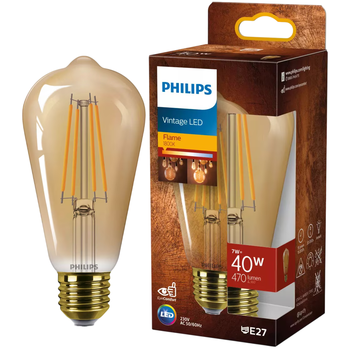 Philips E27 Filament Pære, ravfarvet 40W ST64