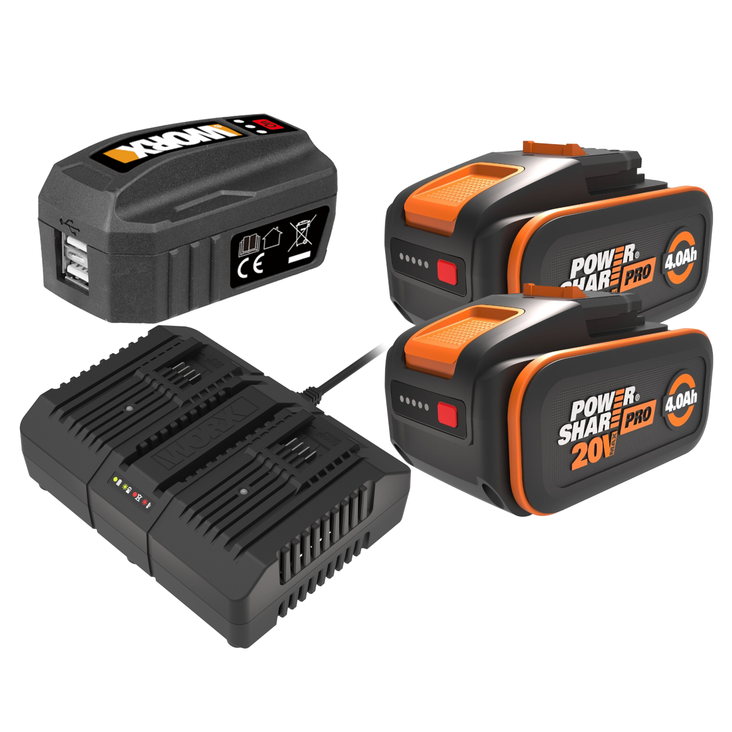 Worx 20V PowerShare Startsæt med 2 stk. 4,0Ah batteri, dobbelt lynlader og USB ladeaggregat