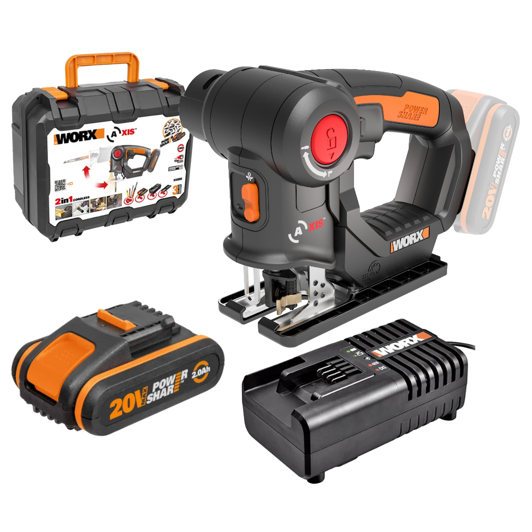 Worx WX550 20V PowerShare 2-i-1 Stik- og bajonetsav med 2,0Ah batteri og lader